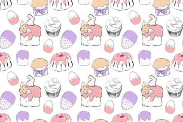 Seamless pattern with Easter eggs and sweet dessert. Cute Easter in cartoon style, hand painting illustration