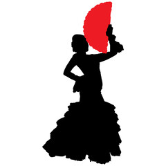 Black silhouette of flamenco dancer in beautiful dress with fan in her hand