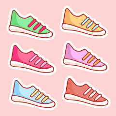 Cute hand-drawn set of sports sneakers in doodle cartoon style. Round composition in neutral candy colors. Kawaii element for card, social media banner, sticker, decoration kids playroom. Vector
