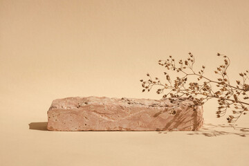 Stone Podium for promotion on beige Background. Natural pedestal. Stone podium floral shadow. Beauty product mockup. Scene to show products. Showcase, display case. Front View. Peach Fuzz