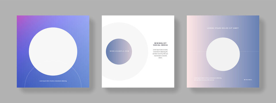 Clean editable social media set layouts with place for photos, square business graphic templates for instagram and facebook, elegant gradient design with minimalistic style