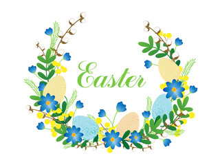 Easter wreath with flowers and eggs.