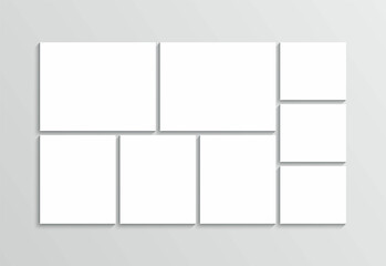 Photo collage template. Moodboard layout. Mood board background. Mosaic picture frame. Gallery banner. Scrapbook grid. Album brandboard. Retro photoframe. Portfolio memory images. Vector illustration