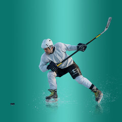 Professional ice hockey player hitting puck for winning goal in action on gradient multicolored...
