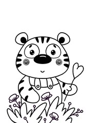 Cute cartoon tiger character outline. Simply easy coloring page for kids. Contour drawing characters nursery design elements for poster, cards, coloring book