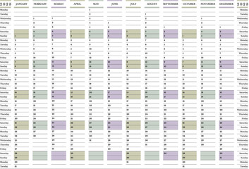 2023 yearly calendar, 12 months large wall planner Monday start, horizontal calendar