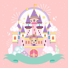 Fairy-tale castle for Princess, magic kingdom. Background scene with princess at pink castle illustration © Riczdodo
