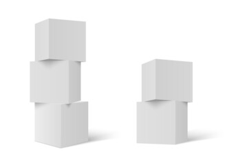 3D stacked cubes. Column of white cubes. Geometric shapes background. - obrazy, fototapety, plakaty