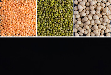 Collage of various legumes. Black background. Copy space.