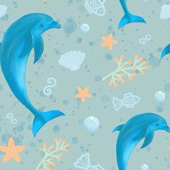 Dolphin. Seamless pattern with dolphin and sea vegetation. Fish and starfish. Design for children's textiles, stationery.