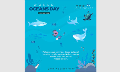 World oceans day design with underwater ocean, dolphin, shark, coral