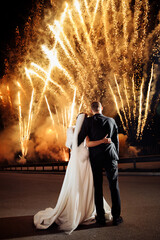Wedding fireworks. Back view of bride and groom hugging in the night on firework and salute...