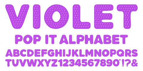 Violet popit alphabet and numbers set in fidget toy style. Pop it font design as a trendy silicone toy for fidget in bright purple color. Bubble letter as popit. Isolated cartoon vector illustration. - obrazy, fototapety, plakaty