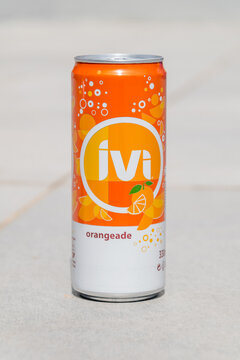 Peyia, Cyprus - April 2, 2022: Can of IVI Orange drink.