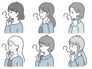 疑問に思う若い女性の横向き上半身セット（私服）