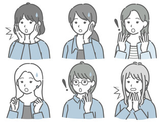 驚く若い女性の斜め向き上半身セット（私服）