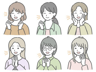 喜ぶ若い女性の斜め向き上半身セット（私服）