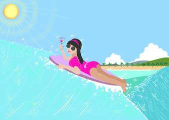 南国でサーフィンとワインを楽しむ若い女性のカラーイラスト