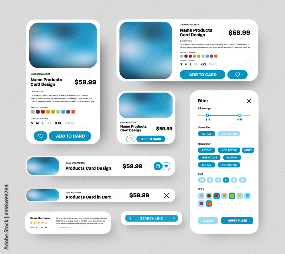 Poster Set of vector product UI cards with rounded corners and photos for mobile app stores.