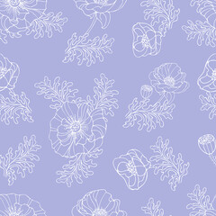 Gentle nude summer flower poppy pattern. White seamless pattern on purple background. Graceful buds with leaves. Retro illustration in hand drawn style. For textile, packaging, background.