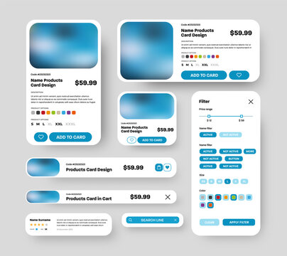 Set of vector product UI cards with rounded corners and photos for mobile app stores.