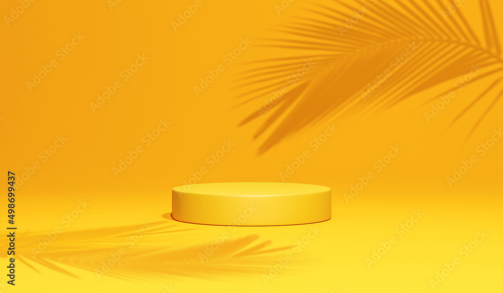 Poster Summer background display product stage 3d podium of yellow pedestal scene stand platform backdrop or empty show blank modern studio and cylinder showcase template space banner on vivid presentation.