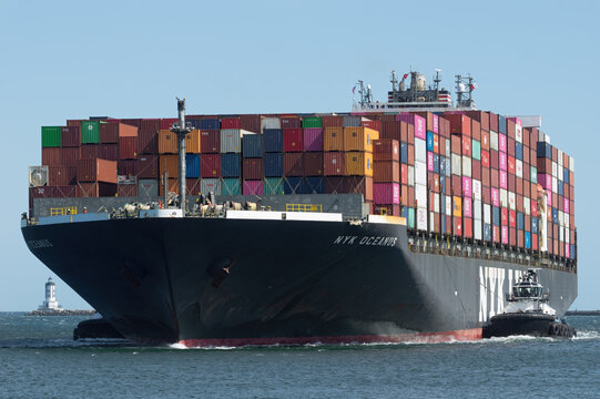 Port of Los Angeles, California, USA - April 12, 2022: image of NYK Line container ship Oceanus shown entering the port.