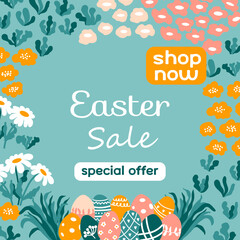 Easter Sale. Trendy vector border with Painted eggs, flowers, chamomiles, herbs. Ideal for advertising and discount in the market.