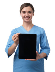 Doctor holding blank tablet on white background, space for design