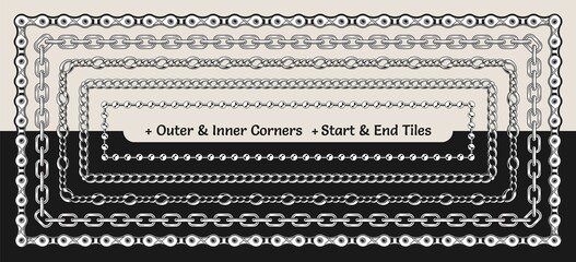 Set of chain pattern brushes with corners, end and start tiles in vintage style. Monochrome black and white illustration.