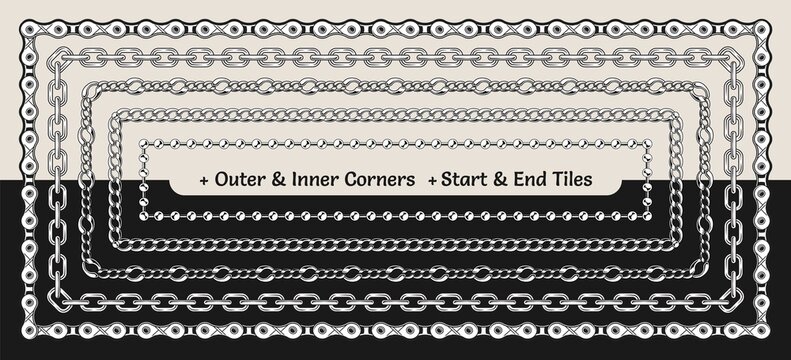 Set of chain pattern brushes with corners, end and start tiles in vintage style. Monochrome black and white illustration.