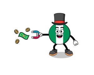Character Illustration of nigeria flag catching money with a magnet