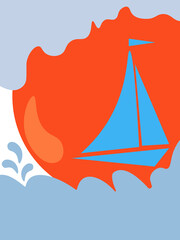 A ship in the sea on the waves against the background of the orange sun. Summer holiday concept. Yacht in the sea