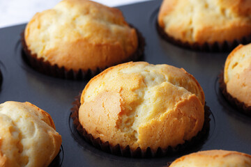 Delicious fresh homemade muffins in a baking tray. Tasty sweet breakfast, homemade cakes.