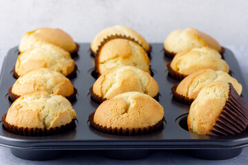 Freshly baked, homemade cupcake in muffin tin with paper liner.