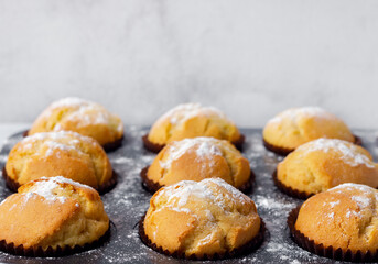 Delicious fresh homemade muffins in a baking tray. Tasty sweet breakfast, homemade cakes.