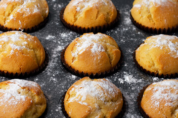 Delicious fresh homemade muffins in a baking tray. Tasty sweet breakfast, homemade cakes.
