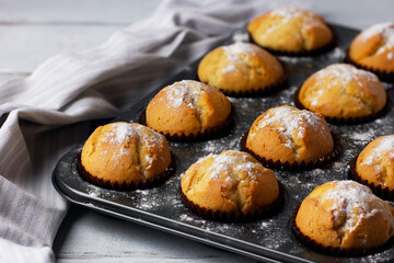 Delicious fresh homemade muffins in baking tray. Tasty sweet breakfast, homemade cakes.