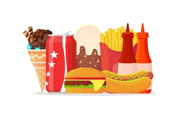 Colorful fast food vector isolated on white background. Fast food hamburger dinner and restaurant, delicious set of fast food lots of food in flat style.