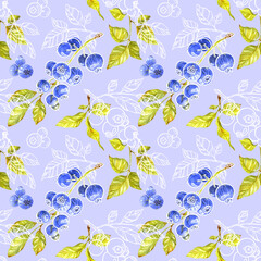 Obraz premium Blueberry pattern. Green branches and ripe berries on light blue background. Watercolor illustration