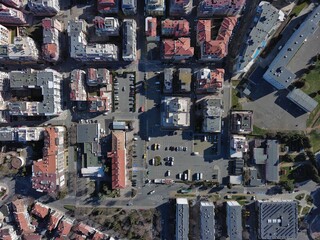 View from a height of the city of Pomorie with many cars, houses and hotels