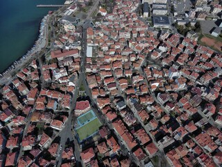 View from a height of the city of Pomorie, which is located on the peninsula of Bulgaria and is washed by the Black Sea