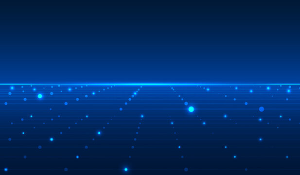 Futuristic Blue Glow Horizontal Line Technology Futuristic with Perspective Grid, Wireframe Dynamic Data Communication Transfer Concept Vector Background.