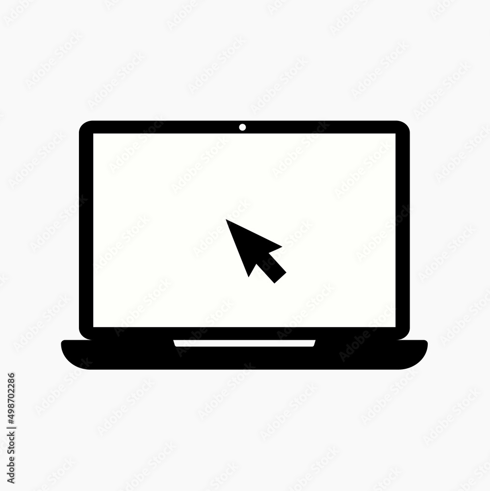 Poster laptop vector icon. computer with click mouse pointer symbol isolated on white background.