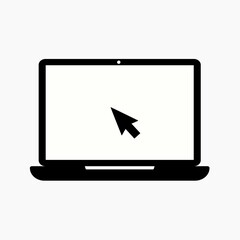 Laptop vector icon. Computer with click mouse pointer symbol isolated on white background.