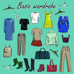 Minimalism. Fashion. Capsule basic wardrobe for a woman.  Big cupboard. Wardrobe with a set of clothes on hangers and bags. Isolated vector objects.