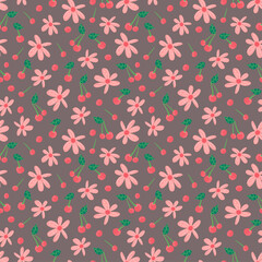 berry flowers cherry seamless vector pattern. Repeating background with summer fruit. Use for fabric, gift wrap, packaging.