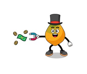 Character Illustration of papaya fruit catching money with a magnet