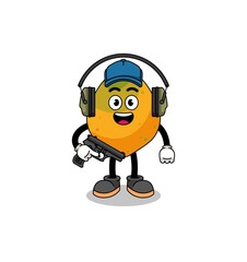 Character mascot of papaya fruit doing shooting range