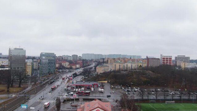 Soft aerial rise over Solna municipality in Sweden